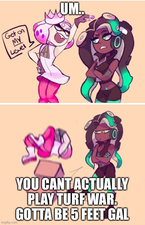 Get on my level | UM.. YOU CANT ACTUALLY PLAY TURF WAR.
GOTTA BE 5 FEET GAL | image tagged in get on my level | made w/ Imgflip meme maker
