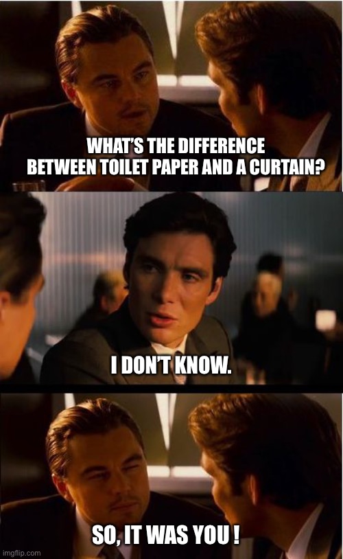 Do you know the difference? | WHAT’S THE DIFFERENCE BETWEEN TOILET PAPER AND A CURTAIN? I DON’T KNOW. SO, IT WAS YOU ! | image tagged in memes,inception,caught,joke,toilet paper,leonardo dicaprio | made w/ Imgflip meme maker