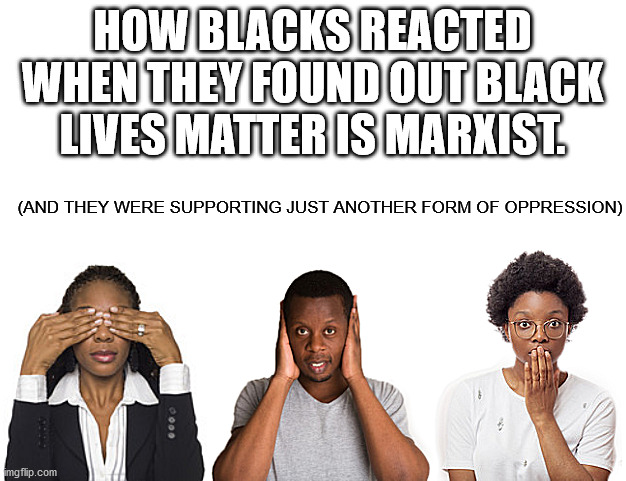 See Hear Speak No MARXIST BLM Evil | HOW BLACKS REACTED WHEN THEY FOUND OUT BLACK LIVES MATTER IS MARXIST. (AND THEY WERE SUPPORTING JUST ANOTHER FORM OF OPPRESSION) | image tagged in see hear speak no black evil,blm,black lives matter,george floyd,sheeple,ignorance | made w/ Imgflip meme maker