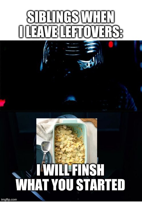 I will finish what you started - Star Wars Force Awakens | SIBLINGS WHEN I LEAVE LEFTOVERS:; I WILL FINSH WHAT YOU STARTED | image tagged in i will finish what you started - star wars force awakens | made w/ Imgflip meme maker