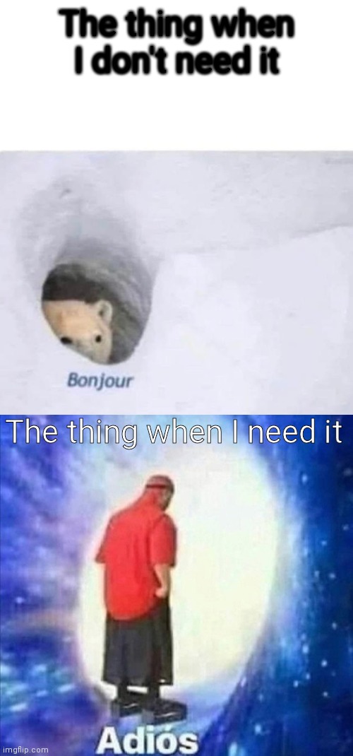 The thing when I don't need it; The thing when I need it | image tagged in adios,bonjour | made w/ Imgflip meme maker