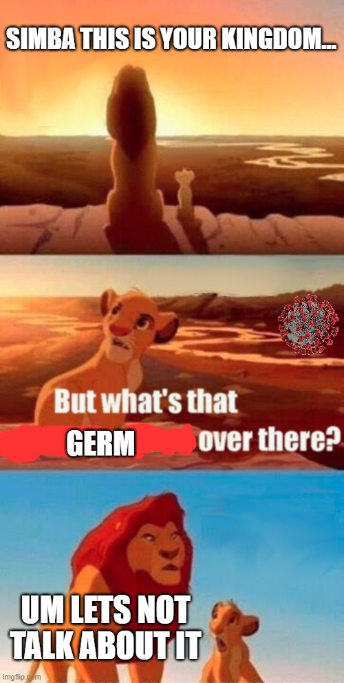 Coronavirus harms kids. | SIMBA THIS IS YOUR KINGDOM... GERM; UM LETS NOT TALK ABOUT IT | image tagged in funny,memes | made w/ Imgflip meme maker