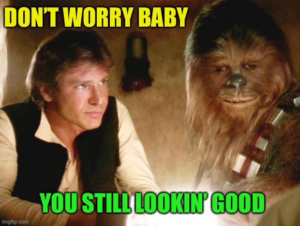 Han Solo Chewbacca | DON’T WORRY BABY YOU STILL LOOKIN’ GOOD | image tagged in han solo chewbacca | made w/ Imgflip meme maker