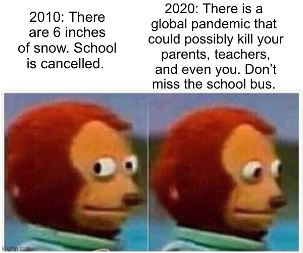 School 2020 logic | 2020: There is a 
global pandemic that 
could possibly kill your
parents, teachers,
and even you. Don’t
miss the school bus. 2010: There are 6 inches of snow. School is cancelled. | image tagged in memes,monkey puppet,school,common sense,pandemic,doomed | made w/ Imgflip meme maker