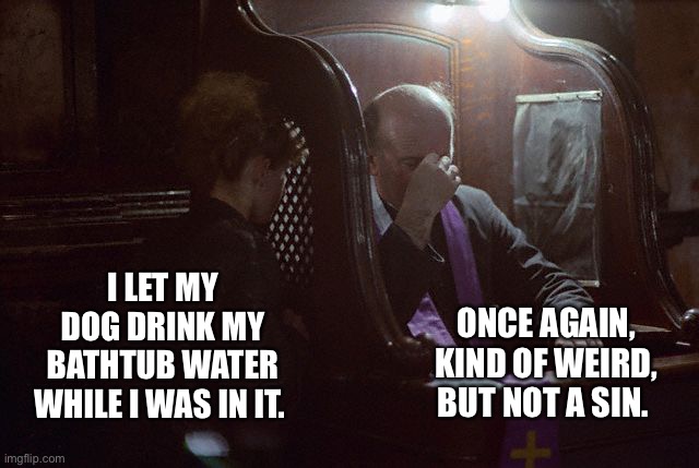 Creepy or not? |  I LET MY DOG DRINK MY BATHTUB WATER WHILE I WAS IN IT. ONCE AGAIN, KIND OF WEIRD, BUT NOT A SIN. | image tagged in confession,bath,water,meme,funny,dog | made w/ Imgflip meme maker