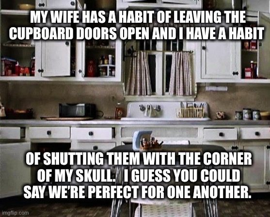 Every time I go to the kitchen in the dark | MY WIFE HAS A HABIT OF LEAVING THE CUPBOARD DOORS OPEN AND I HAVE A HABIT; OF SHUTTING THEM WITH THE CORNER
OF MY SKULL.   I GUESS YOU COULD
SAY WE’RE PERFECT FOR ONE ANOTHER. | image tagged in open kitchen cabinets,wife,door,head,meme,sarcasm | made w/ Imgflip meme maker