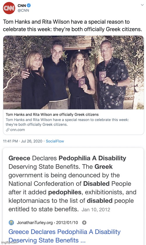 I'm now on a disability. | image tagged in tom hanks,rita hanks,greek citizens,pedophilia,disability | made w/ Imgflip meme maker