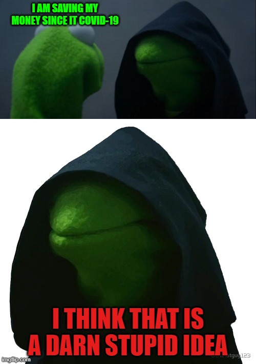 Which kermit are  you like | I AM SAVING MY MONEY SINCE IT COVID-19; I THINK THAT IS A DARN STUPID IDEA | image tagged in memes,evil kermit | made w/ Imgflip meme maker