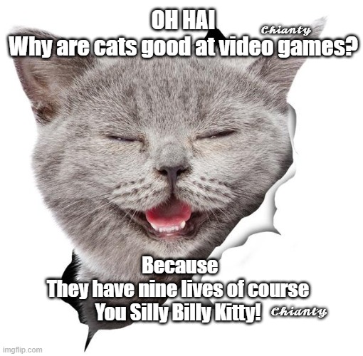 Oh Hai | 𝓒𝓱𝓲𝓪𝓷𝓽𝔂; OH HAI
Why are cats good at video games? Because
They have nine lives of course
You Silly Billy Kitty! 𝓒𝓱𝓲𝓪𝓷𝓽𝔂 | image tagged in just because | made w/ Imgflip meme maker