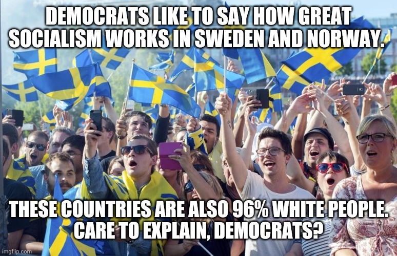 Democratic Socialism | DEMOCRATS LIKE TO SAY HOW GREAT SOCIALISM WORKS IN SWEDEN AND NORWAY. THESE COUNTRIES ARE ALSO 96% WHITE PEOPLE.
CARE TO EXPLAIN, DEMOCRATS? | image tagged in socialism,communism,antifa,blm,black,racist | made w/ Imgflip meme maker