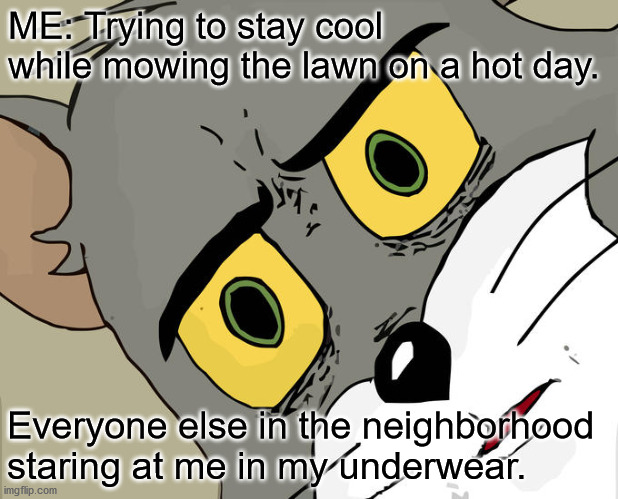Me and my Polka Dot Undies | ME: Trying to stay cool while mowing the lawn on a hot day. Everyone else in the neighborhood staring at me in my underwear. | image tagged in memes,unsettled tom | made w/ Imgflip meme maker