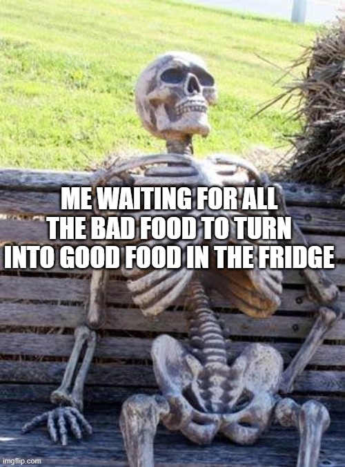 Waiting Skeleton Meme | ME WAITING FOR ALL THE BAD FOOD TO TURN INTO GOOD FOOD IN THE FRIDGE | image tagged in memes,waiting skeleton | made w/ Imgflip meme maker