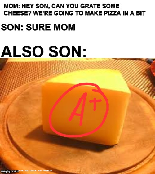 Hey can you grade some cheese thanks | MOM: HEY SON, CAN YOU GRATE SOME CHEESE? WE'RE GOING TO MAKE PIZZA IN A BIT; SON: SURE MOM; ALSO SON:; MOM: I SAID GRATE NOT GRADE YOU DUMBASS | image tagged in cheese,bruh moment | made w/ Imgflip meme maker