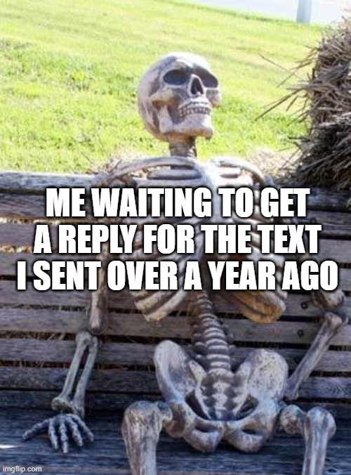 Waiting Skeleton | ME WAITING TO GET A REPLY FOR THE TEXT I SENT OVER A YEAR AGO | image tagged in memes,waiting skeleton | made w/ Imgflip meme maker