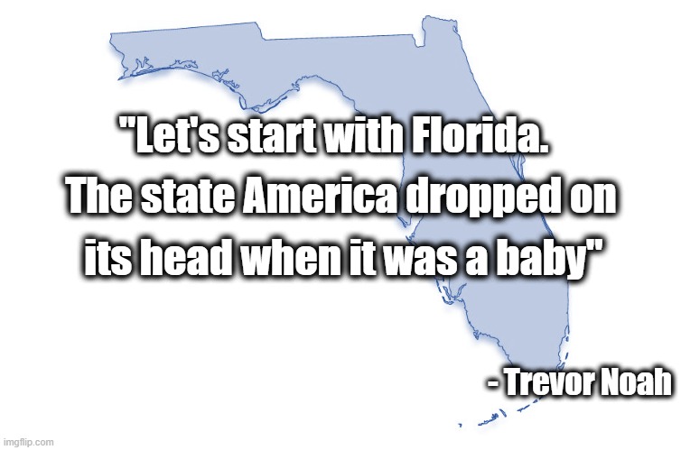 Florida | "Let's start with Florida. The state America dropped on; its head when it was a baby"; - Trevor Noah | image tagged in dark humor | made w/ Imgflip meme maker