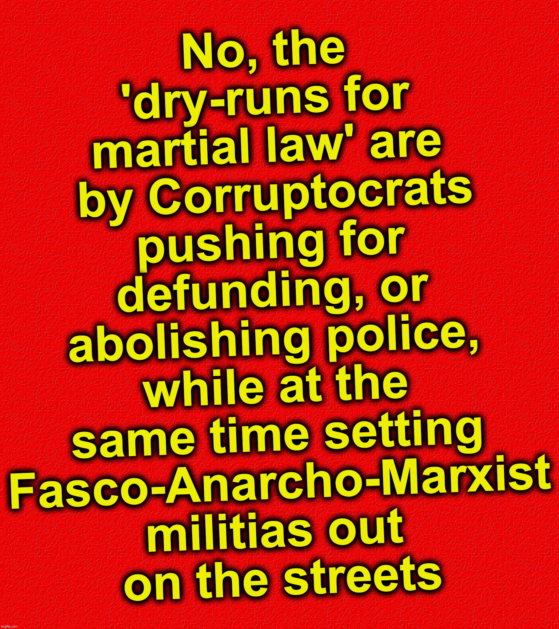 So, what would this end up resulting in? | No, the 'dry-runs for martial law' are  by Corruptocrats pushing for defunding, or abolishing police, while at the same time setting Fasco-Anarcho-Marxist militias out 
on the streets | image tagged in corruption,democrats,martial law,antifa | made w/ Imgflip meme maker