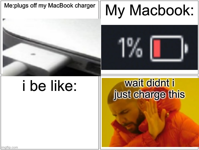 wait... | Me:plugs off my MacBook charger; My Macbook:; wait didnt i just charge this; i be like: | image tagged in memes,blank comic panel 2x2 | made w/ Imgflip meme maker