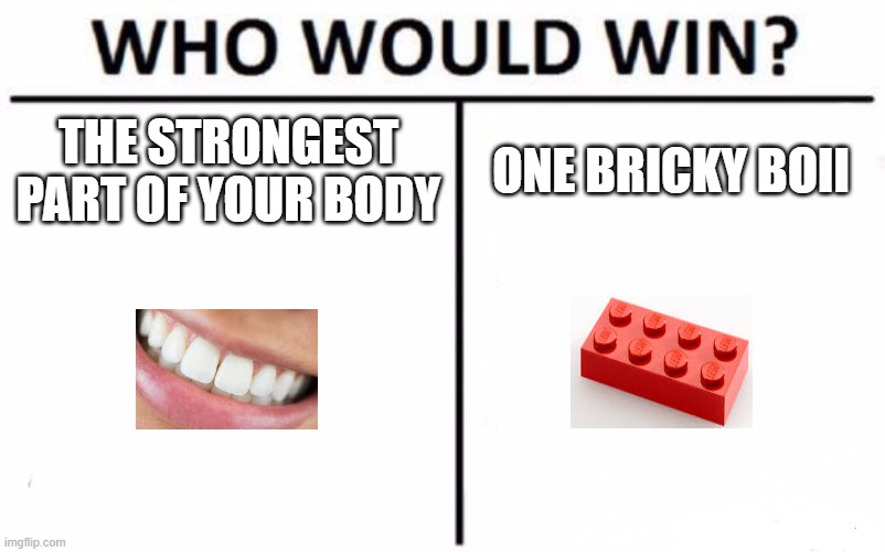 enamel is stronger dan bone | THE STRONGEST PART OF YOUR BODY; ONE BRICKY BOII | image tagged in memes,who would win | made w/ Imgflip meme maker