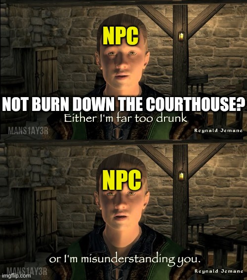 Drunk or A Misunderstanding | NPC NPC NOT BURN DOWN THE COURTHOUSE? | image tagged in drunk or a misunderstanding | made w/ Imgflip meme maker