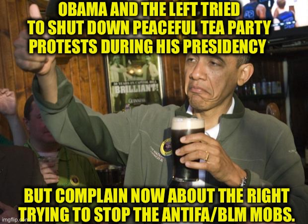 Hypocritical communists |  OBAMA AND THE LEFT TRIED TO SHUT DOWN PEACEFUL TEA PARTY PROTESTS DURING HIS PRESIDENCY; BUT COMPLAIN NOW ABOUT THE RIGHT TRYING TO STOP THE ANTIFA/BLM MOBS. | image tagged in obama,donald trump,antifa,blm,democrats,tea party | made w/ Imgflip meme maker