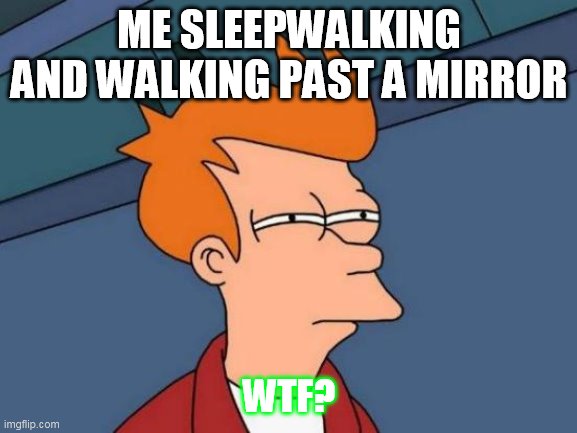 Futurama Fry Meme | ME SLEEPWALKING AND WALKING PAST A MIRROR; WTF? | image tagged in memes,futurama fry | made w/ Imgflip meme maker