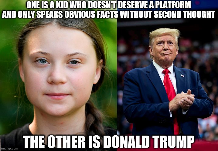 Lol the opposite of the same meme | ONE IS A KID WHO DOESN'T DESERVE A PLATFORM AND ONLY SPEAKS OBVIOUS FACTS WITHOUT SECOND THOUGHT; THE OTHER IS DONALD TRUMP | image tagged in greta thunberg,donald trump | made w/ Imgflip meme maker