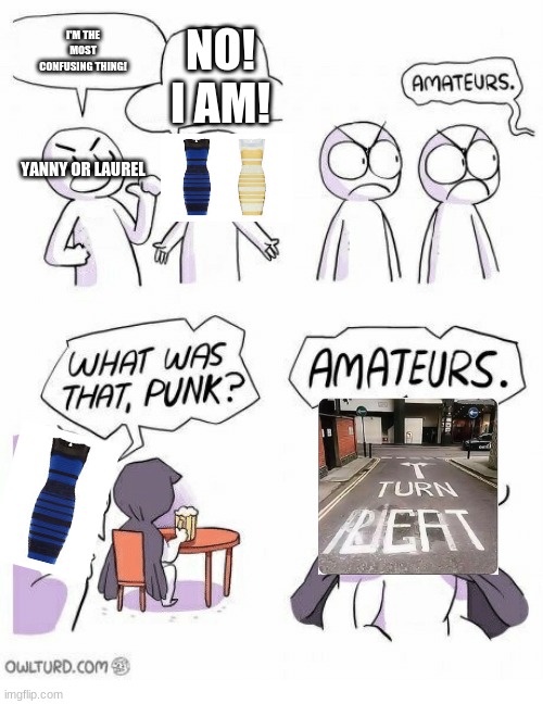 Amateurs | YANNY OR LAUREL I'M THE MOST CONFUSING THING! NO! I AM! | image tagged in amateurs | made w/ Imgflip meme maker