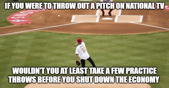 First Pitch | IF YOU WERE TO THROW OUT A PITCH ON NATIONAL TV; WOULDN'T YOU AT LEAST TAKE A FEW PRACTICE
THROWS BEFORE YOU SHUT DOWN THE ECONOMY | image tagged in sports,baseball,memes,fun,funny,funny memes | made w/ Imgflip meme maker