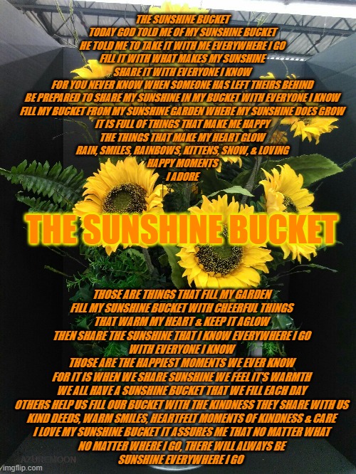 CARRY SUNSHINE | THE SUNSHINE BUCKET

TODAY GOD TOLD ME OF MY SUNSHINE BUCKET
HE TOLD ME TO TAKE IT WITH ME EVERYWHERE I GO
FILL IT WITH WHAT MAKES MY SUNSHINE
SHARE IT WITH EVERYONE I KNOW

FOR YOU NEVER KNOW WHEN SOMEONE HAS LEFT THEIRS BEHIND
BE PREPARED TO SHARE MY SUNSHINE IN MY BUCKET WITH EVERYONE I KNOW
FILL MY BUCKET FROM MY SUNSHINE GARDEN WHERE MY SUNSHINE DOES GROW

IT IS FULL OF THINGS THAT MAKE ME HAPPY
THE THINGS THAT MAKE MY HEART GLOW
RAIN, SMILES, RAINBOWS, KITTENS, SNOW, & LOVING
HAPPY MOMENTS
I ADORE; THE SUNSHINE BUCKET; THOSE ARE THINGS THAT FILL MY GARDEN
FILL MY SUNSHINE BUCKET WITH CHEERFUL THINGS
THAT WARM MY HEART & KEEP IT AGLOW

THEN SHARE THE SUNSHINE THAT I KNOW EVERYWHERE I GO
WITH EVERYONE I KNOW
THOSE ARE THE HAPPIEST MOMENTS WE EVER KNOW
FOR IT IS WHEN WE SHARE SUNSHINE WE FEEL IT'S WARMTH

WE ALL HAVE A SUNSHINE BUCKET THAT WE FILL EACH DAY
OTHERS HELP US FILL OUR BUCKET WITH THE KINDNESS THEY SHARE WITH US

KIND DEEDS, WARM SMILES, HEARTFELT MOMENTS OF KINDNESS & CARE
I LOVE MY SUNSHINE BUCKET IT ASSURES ME THAT NO MATTER WHAT
NO MATTER WHERE I GO, THERE WILL ALWAYS BE
SUNSHINE EVERYWHERE I GO; AZUREMOON | image tagged in sunshine,love,inspiration,inspire the people | made w/ Imgflip meme maker