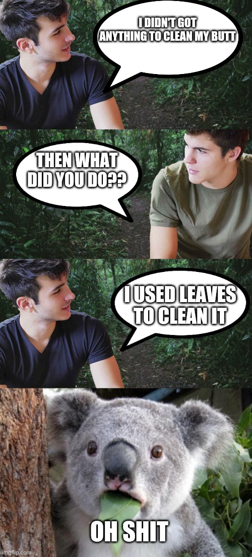 Lol memes | I DIDN'T GOT ANYTHING TO CLEAN MY BUTT; THEN WHAT DID YOU DO?? I USED LEAVES TO CLEAN IT; OH SHIT | image tagged in funny memes | made w/ Imgflip meme maker