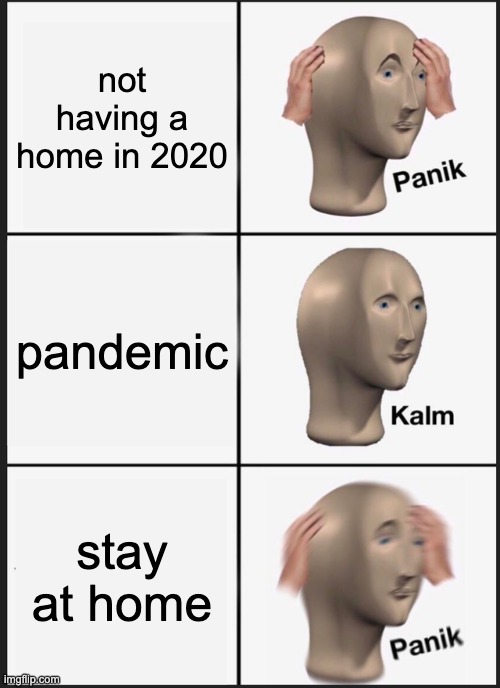 2020 in a nutsell | not having a home in 2020; pandemic; stay at home | image tagged in memes,panik kalm panik | made w/ Imgflip meme maker
