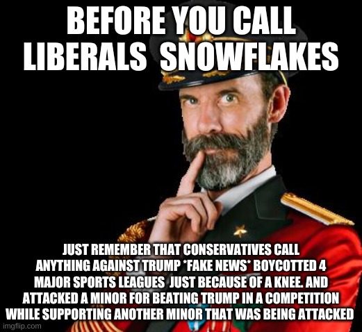 captain obvious | BEFORE YOU CALL LIBERALS  SNOWFLAKES; JUST REMEMBER THAT CONSERVATIVES CALL ANYTHING AGAINST TRUMP *FAKE NEWS* BOYCOTTED 4 MAJOR SPORTS LEAGUES  JUST BECAUSE OF A KNEE. AND ATTACKED A MINOR FOR BEATING TRUMP IN A COMPETITION WHILE SUPPORTING ANOTHER MINOR THAT WAS BEING ATTACKED | image tagged in captain obvious | made w/ Imgflip meme maker