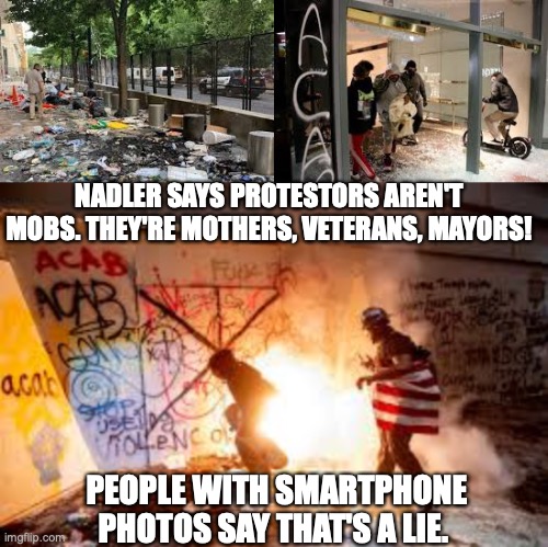 Nadler says Portland Protestors are not mobs. | NADLER SAYS PROTESTORS AREN'T MOBS. THEY'RE MOTHERS, VETERANS, MAYORS! PEOPLE WITH SMARTPHONE PHOTOS SAY THAT'S A LIE. | image tagged in portland,riots | made w/ Imgflip meme maker