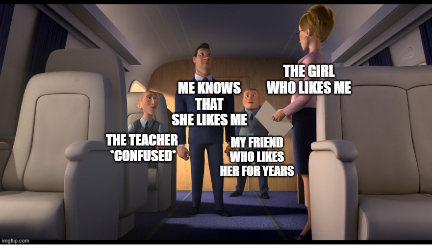 Meme Template again??? | THE GIRL WHO LIKES ME; ME KNOWS THAT SHE LIKES ME; THE TEACHER 
*CONFUSED*; MY FRIEND WHO LIKES HER FOR YEARS | image tagged in awkward moment | made w/ Imgflip meme maker
