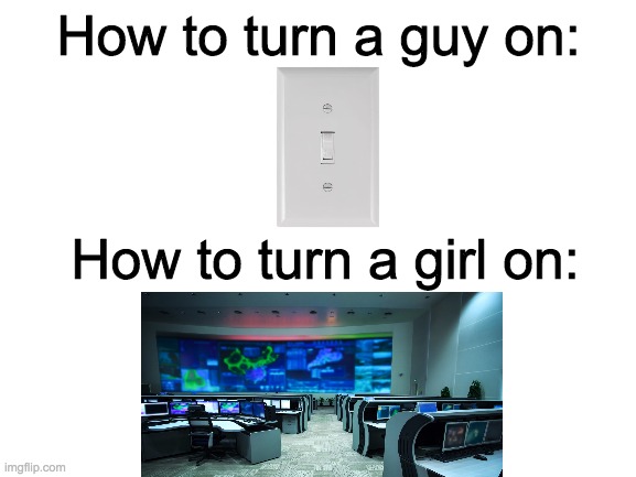 How to turn a guy vs girl on | How to turn a guy on:; How to turn a girl on: | image tagged in blank white template,so true memes | made w/ Imgflip meme maker