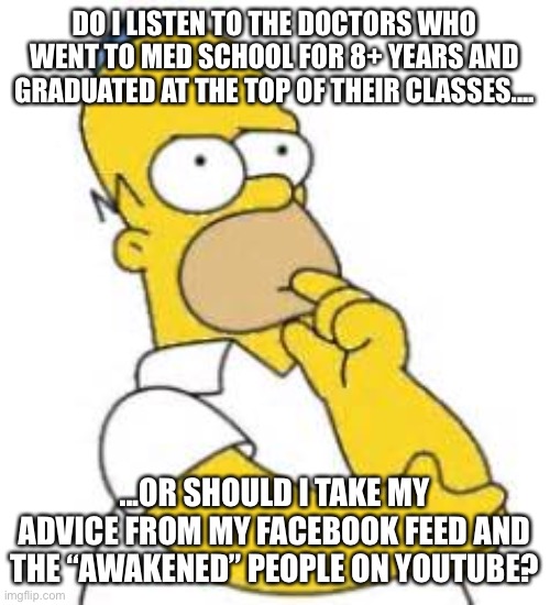 Medical Knowledge | DO I LISTEN TO THE DOCTORS WHO WENT TO MED SCHOOL FOR 8+ YEARS AND GRADUATED AT THE TOP OF THEIR CLASSES.... ...OR SHOULD I TAKE MY ADVICE FROM MY FACEBOOK FEED AND THE “AWAKENED” PEOPLE ON YOUTUBE? | image tagged in homer simpson hmmmm | made w/ Imgflip meme maker