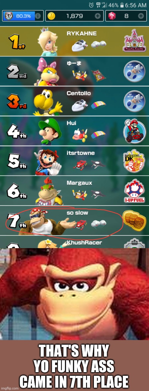 LOOK AT HIM, FUNKY DON'T CARE | THAT'S WHY YO FUNKY ASS CAME IN 7TH PLACE | image tagged in dk love stare,funky,mario kart,mario kart tour | made w/ Imgflip meme maker