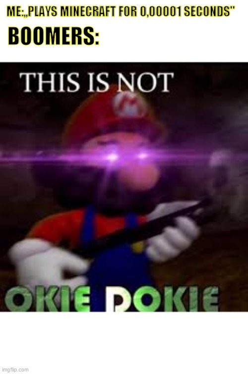 This is not okie dokie | ME:,,PLAYS MINECRAFT FOR 0,00001 SECONDS"; BOOMERS: | image tagged in this is not okie dokie | made w/ Imgflip meme maker