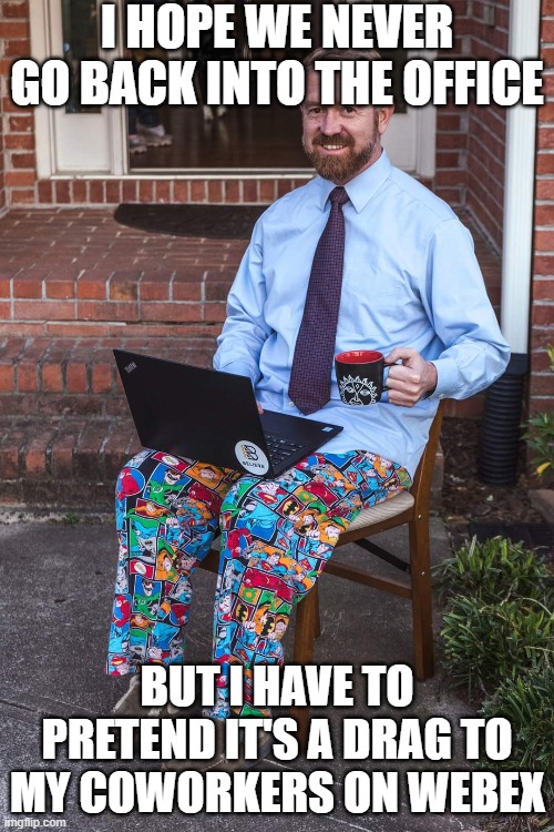 Work from home Beverly | I HOPE WE NEVER GO BACK INTO THE OFFICE; BUT I HAVE TO PRETEND IT'S A DRAG TO MY COWORKERS ON WEBEX | image tagged in work from home beverly | made w/ Imgflip meme maker