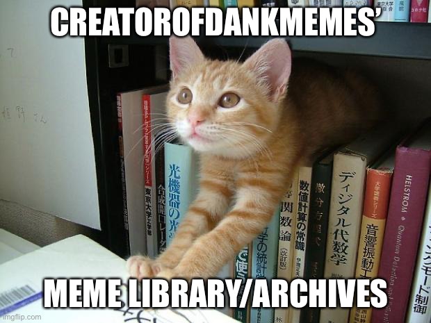 Come ask for memes by any template— could be one of yours | CREATOROFDANKMEMES’; MEME LIBRARY/ARCHIVES | image tagged in library cat | made w/ Imgflip meme maker