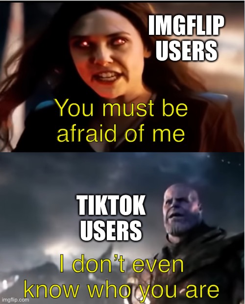 TikTok Vs. Imgflip | IMGFLIP USERS; You must be afraid of me; TIKTOK USERS; I don’t even know who you are | image tagged in thanos i don't even know who you are,tiktok,imgflip | made w/ Imgflip meme maker