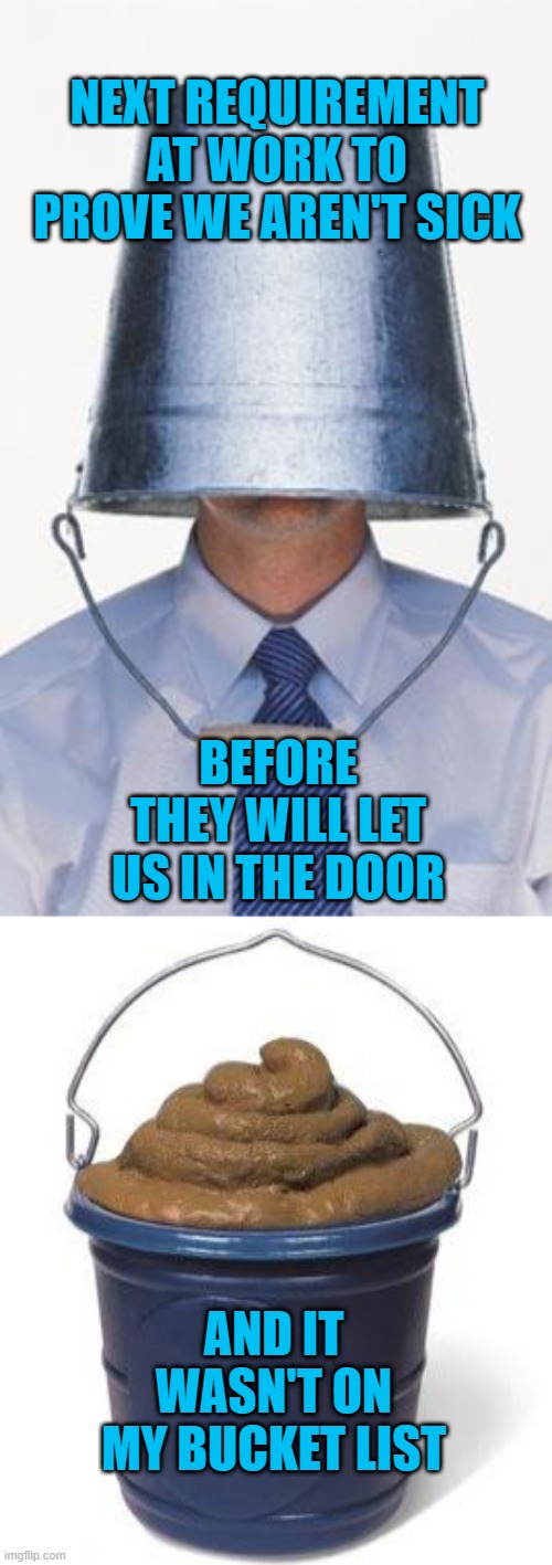 NEXT REQUIREMENT AT WORK TO PROVE WE AREN'T SICK; BEFORE THEY WILL LET US IN THE DOOR; AND IT WASN'T ON MY BUCKET LIST | image tagged in captain bucket,bucket of shit | made w/ Imgflip meme maker