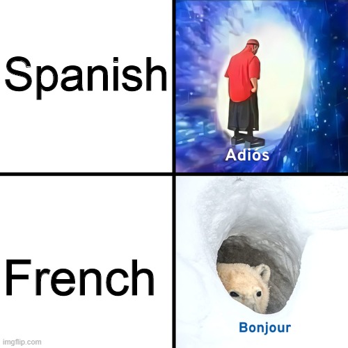 Adios Bonjour meme | Spanish; French | image tagged in adios bonjour,memes,spanish,french,funny memes,meme | made w/ Imgflip meme maker