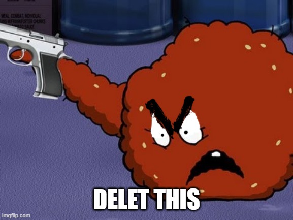 Meatwad with a gun | DELET THIS | image tagged in meatwad with a gun | made w/ Imgflip meme maker