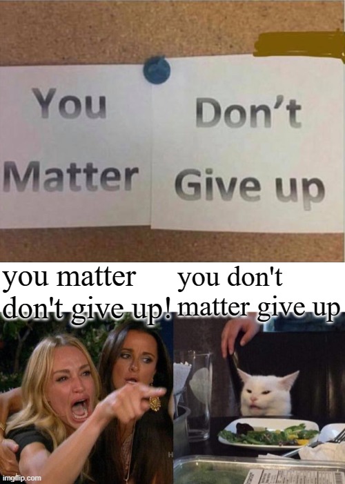 I know this has been done before but I still lol'd | you don't matter give up; you matter don't give up! | image tagged in memes,woman yelling at cat,funny,fun,lol,stay positive | made w/ Imgflip meme maker