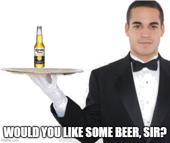 waiter | WOULD YOU LIKE SOME BEER, SIR? | image tagged in waiter | made w/ Imgflip meme maker