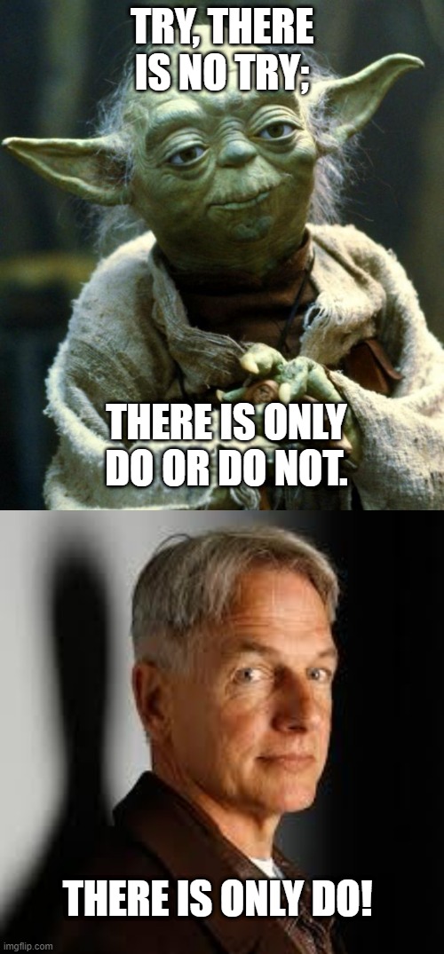 Agent Gibbs wants results, not excuses. | TRY, THERE IS NO TRY;; THERE IS ONLY DO OR DO NOT. THERE IS ONLY DO! | image tagged in memes,star wars yoda,gibbs | made w/ Imgflip meme maker