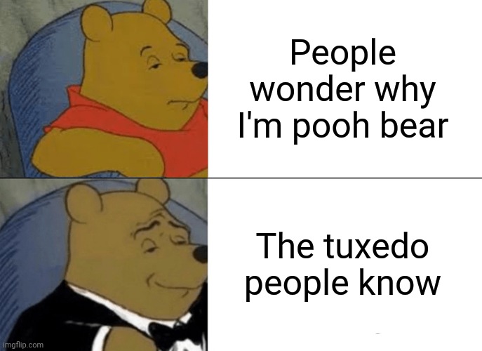 Tuxedo Winnie The Pooh Meme | People wonder why I'm pooh bear; The tuxedo people know | image tagged in memes,tuxedo winnie the pooh | made w/ Imgflip meme maker