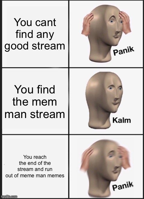 BEST STREAM EVER |  You cant find any good stream; You find the mem man stream; You reach the end of the stream and run out of meme man memes | image tagged in memes,panik kalm panik | made w/ Imgflip meme maker
