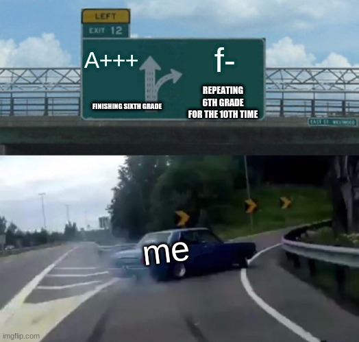Left Exit 12 Off Ramp | A+++; f-; FINISHING SIXTH GRADE; REPEATING 6TH GRADE FOR THE 10TH TIME; me | image tagged in memes,left exit 12 off ramp | made w/ Imgflip meme maker